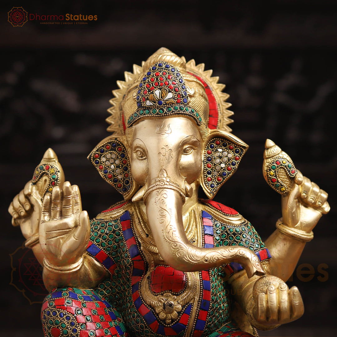 Brass Ganesh Sitting On Base With Sweets And Fruits (Stone Work) 16"