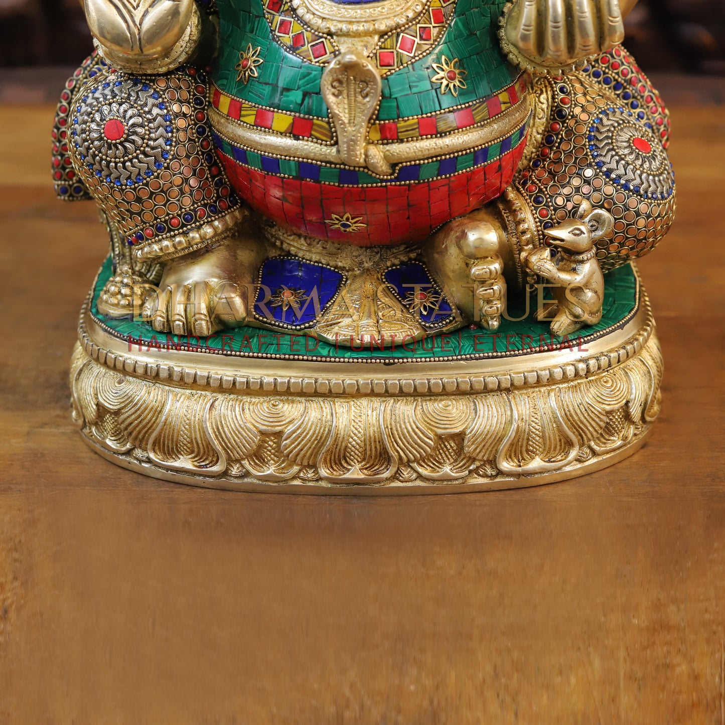 Brass Ganesh seated on Base, Blessing Posture, Golden & Stonework, 20"
