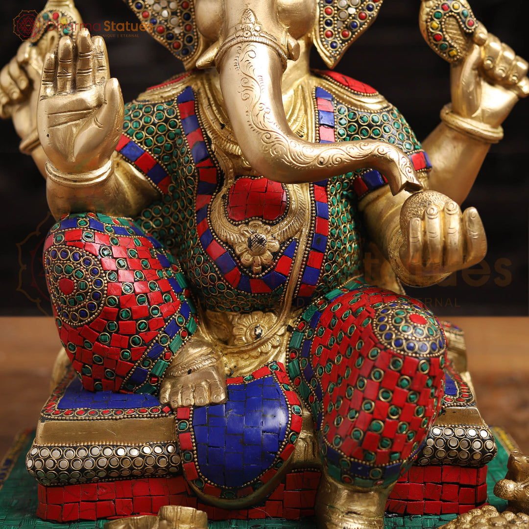 Brass Ganesh Sitting On Base With Sweets And Fruits (Stone Work) 16"