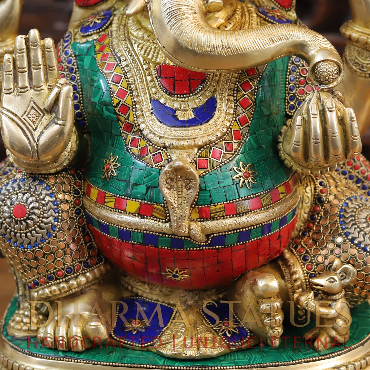 Brass Ganesh seated on Base, Blessing Posture, Golden & Stonework, 20"