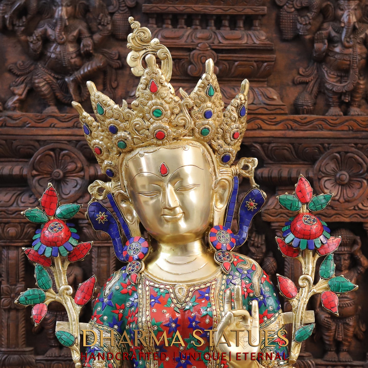 Brass Tara in Blessing Position, Golden & Stonework, 30"
