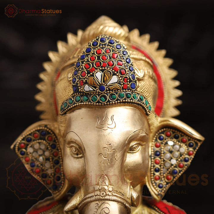 Brass Ganesh Sitting On Base With Sweets And Fruits (Stone Work) 16"