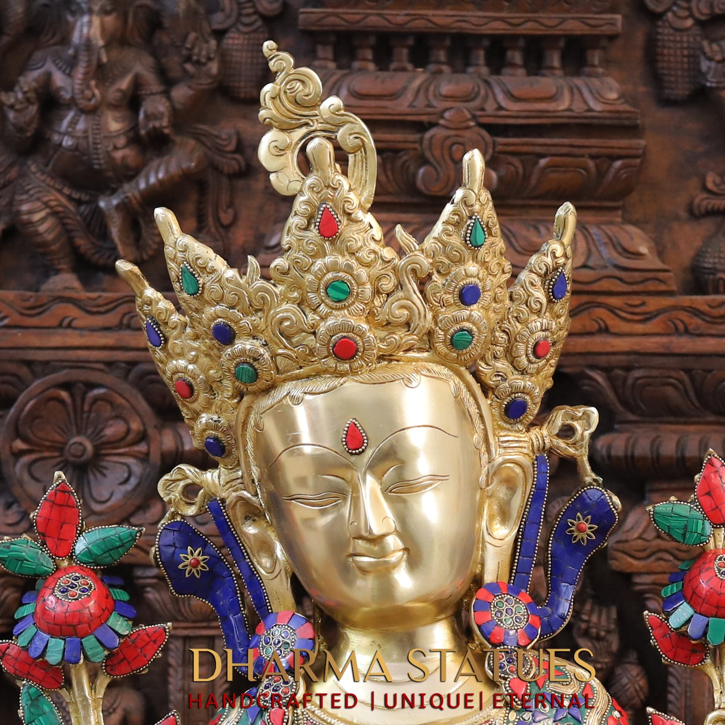 Brass Tara in Blessing Position, Golden & Stonework, 30"