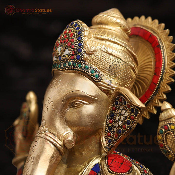 Brass Ganesh Sitting On Base With Sweets And Fruits (Stone Work) 16"