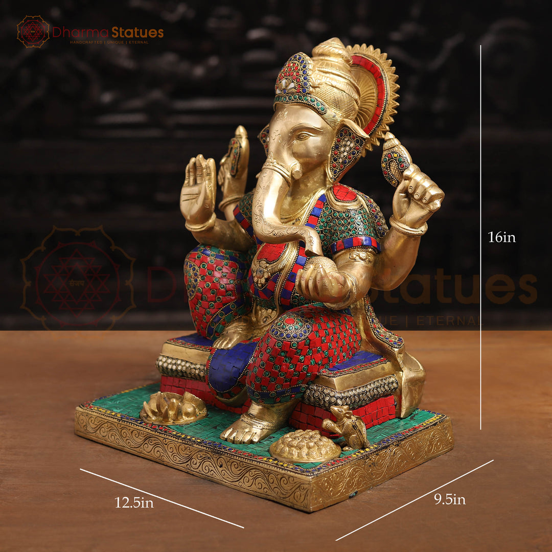 Brass Ganesh Sitting On Base With Sweets And Fruits (Stone Work) 16"