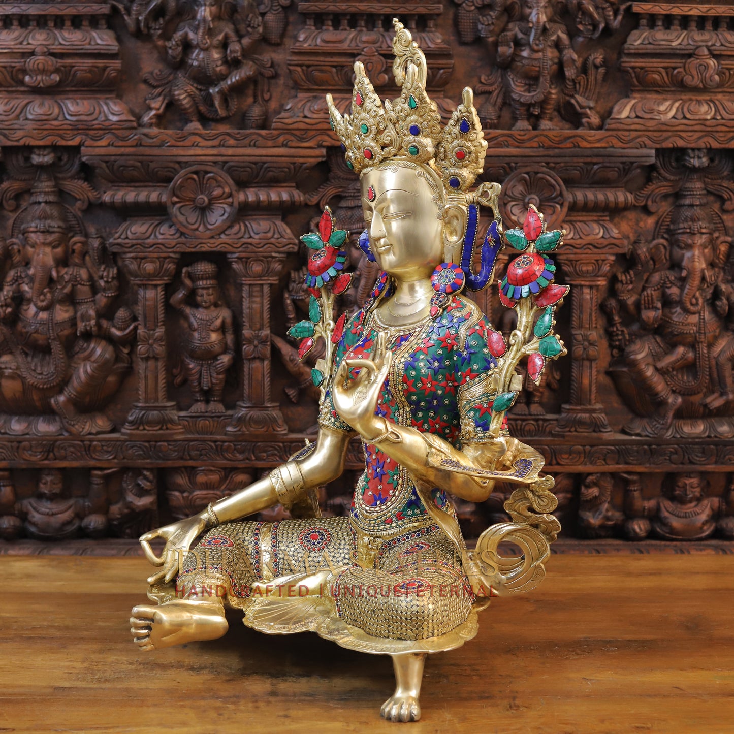 Brass Tara in Blessing Position, Golden & Stonework, 30"