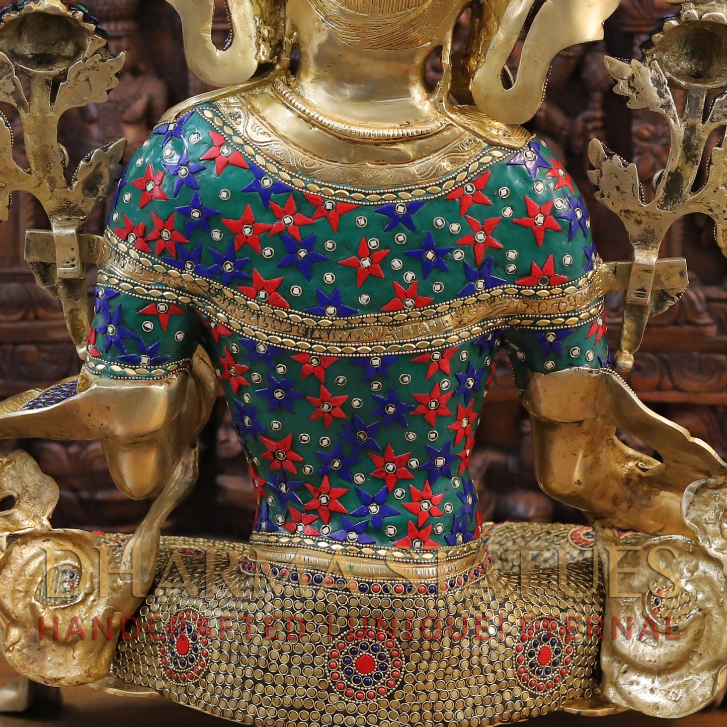 Brass Tara in Blessing Position, Golden & Stonework, 30"