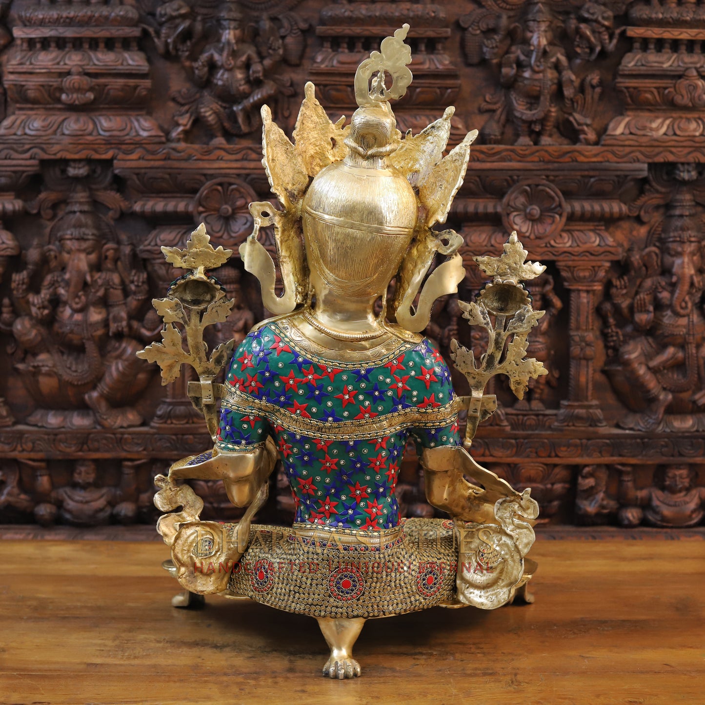 Brass Tara in Blessing Position, Golden & Stonework, 30"