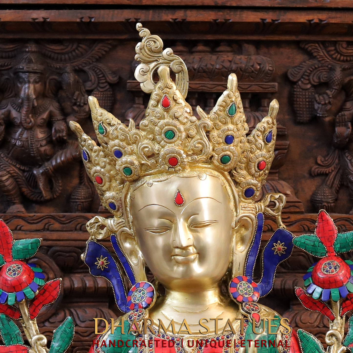 Brass Tara seated, Blessing Position, Golden & Stonework, 33.5"
