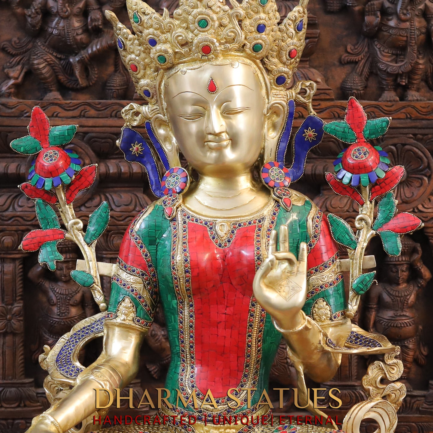 Brass Tara seated, Blessing Position, Golden & Stonework, 33.5"