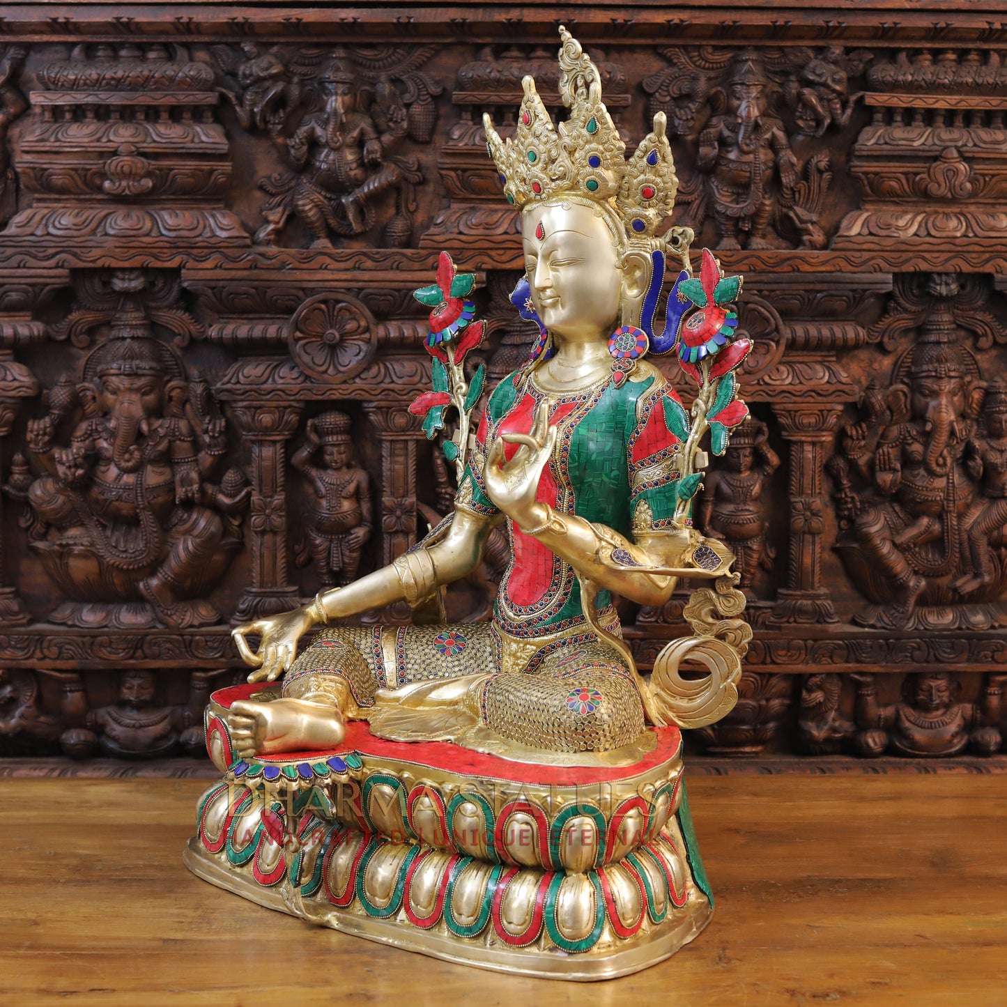 Brass Tara seated, Blessing Position, Golden & Stonework, 33.5"