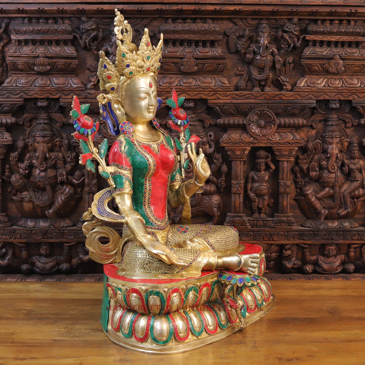 Brass Tara seated, Blessing Position, Golden & Stonework, 33.5"