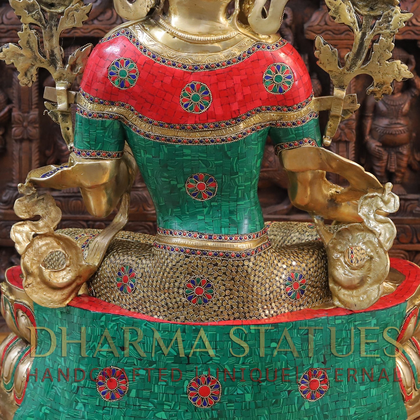 Brass Tara seated, Blessing Position, Golden & Stonework, 33.5"