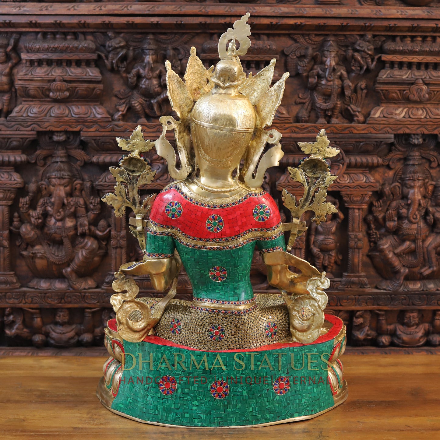Brass Tara seated, Blessing Position, Golden & Stonework, 33.5"