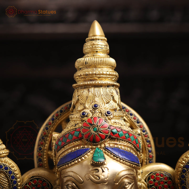 Brass Ganesh Sitting With Surya carved Behind the Crown, Stone Work, 20"