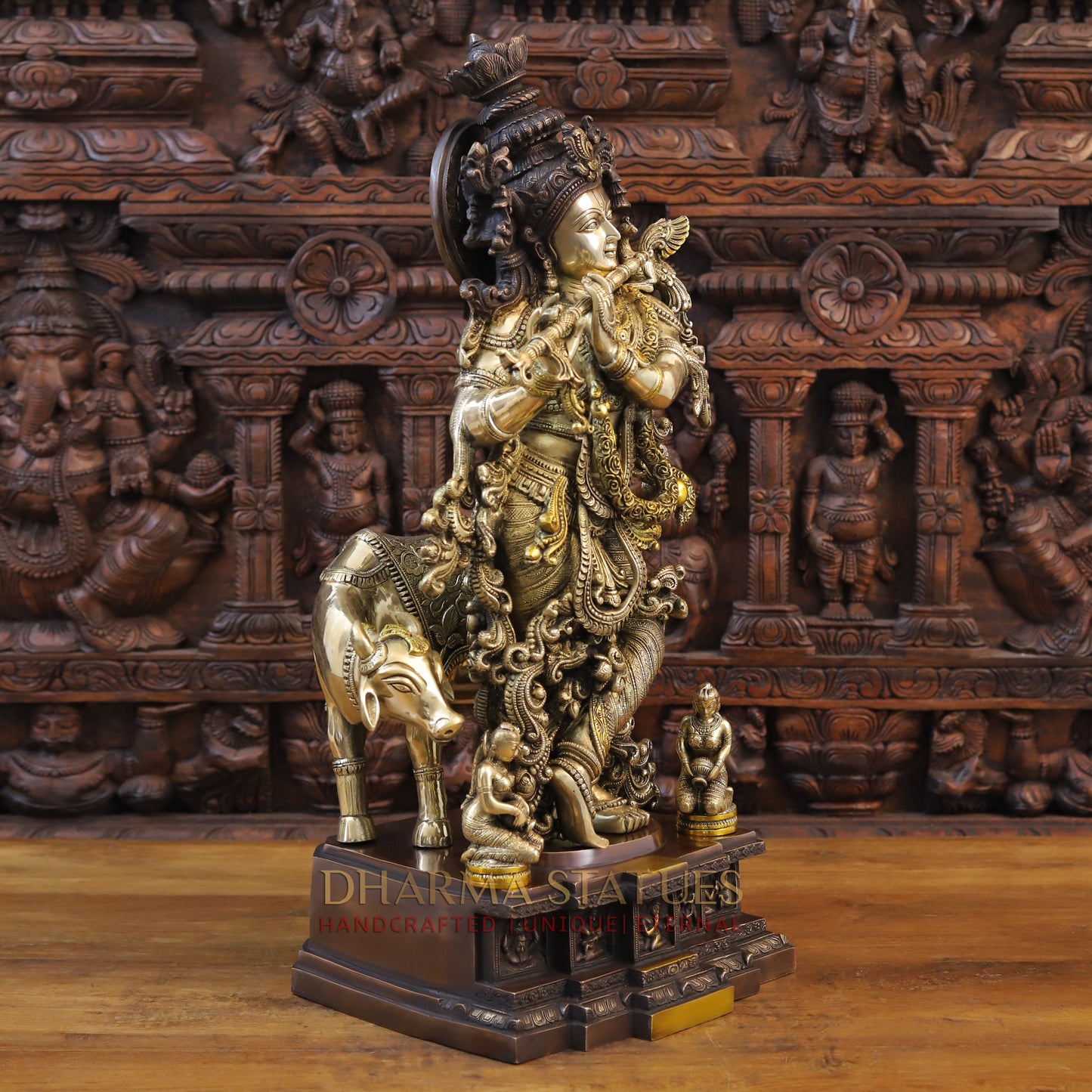 Brass Krishna Playing Flute with Cow, Copper & Golden Finish, 28
