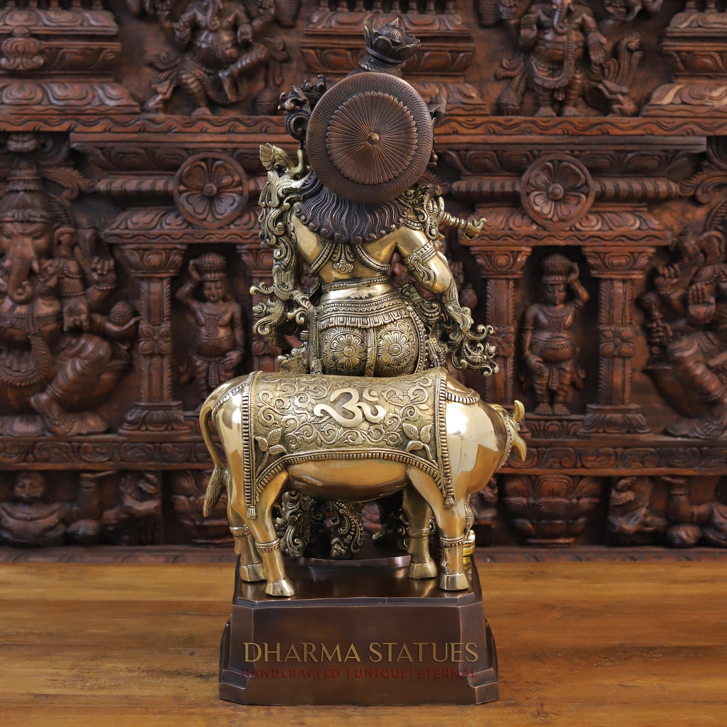 Brass Krishna Playing Flute with Cow, Copper & Golden Finish, 28
