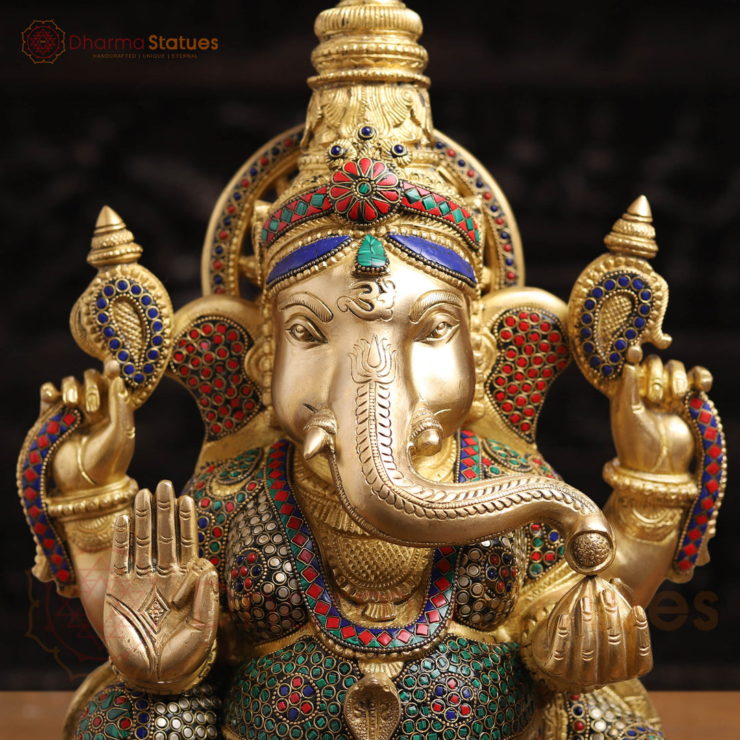 Brass Ganesh Sitting With Surya carved Behind the Crown, Stone Work, 20"