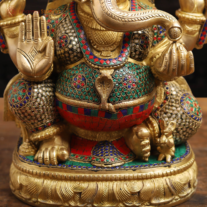 Brass Ganesh Sitting With Surya carved Behind the Crown, Stone Work, 20"