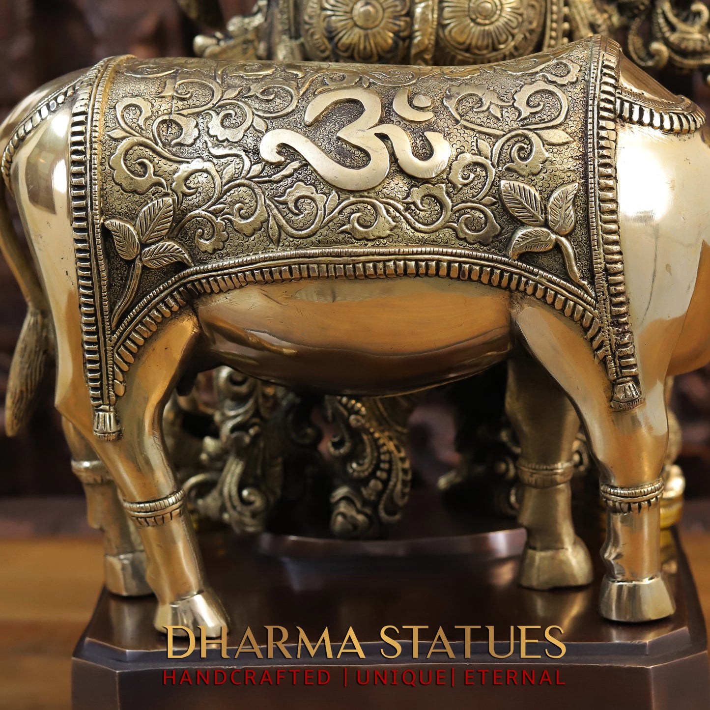 Brass Krishna Playing Flute with Cow, Copper & Golden Finish, 28