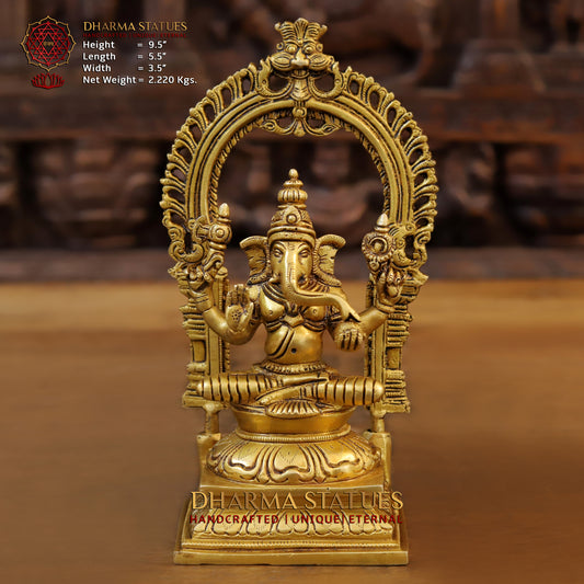 Brass Ganesh Sitting With Frame, Golden Finish, 9.5"