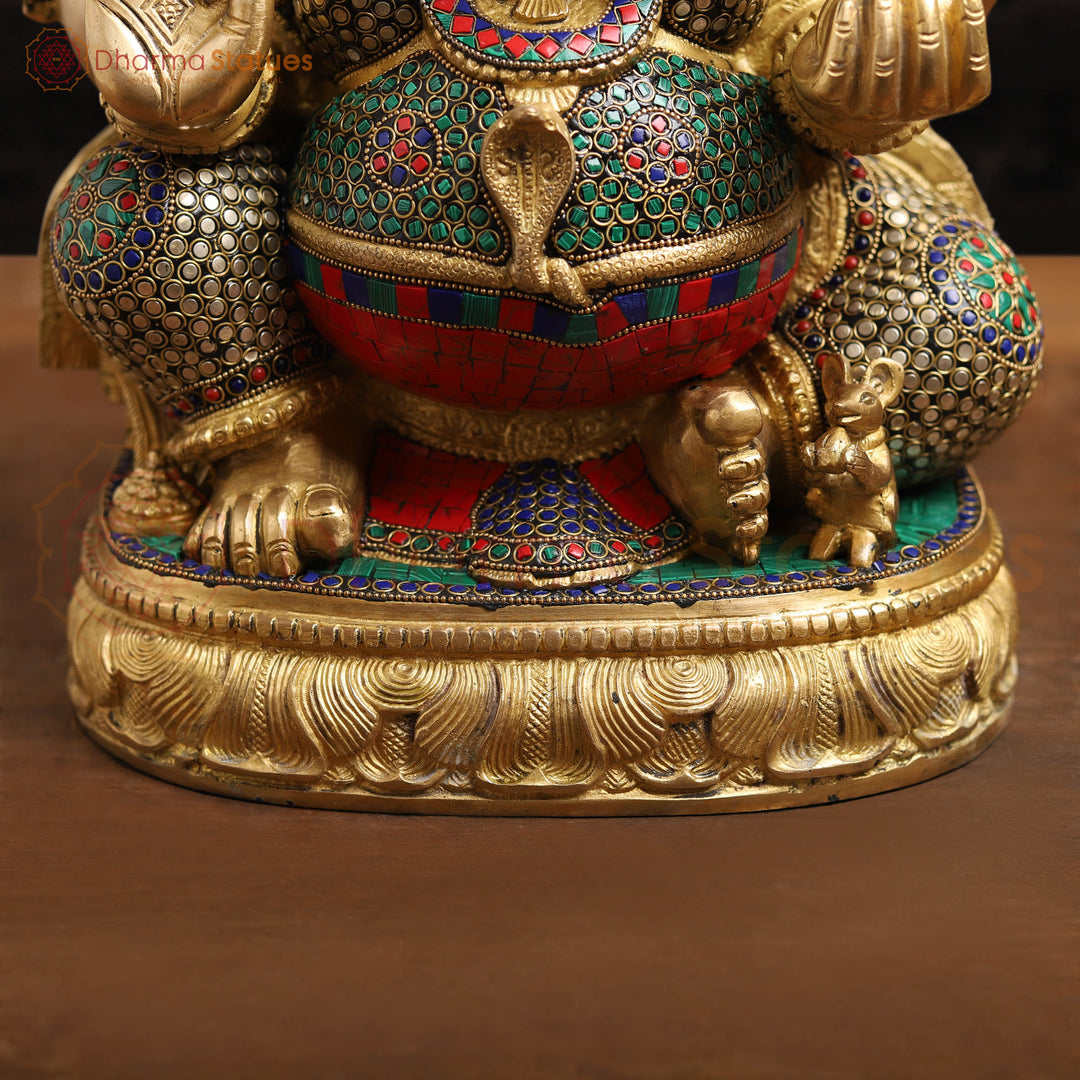 Brass Ganesh Sitting With Surya carved Behind the Crown, Stone Work, 20"