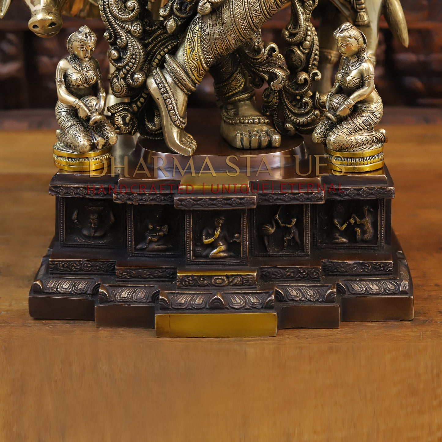 Brass Krishna Playing Flute with Cow, Copper & Golden Finish, 28