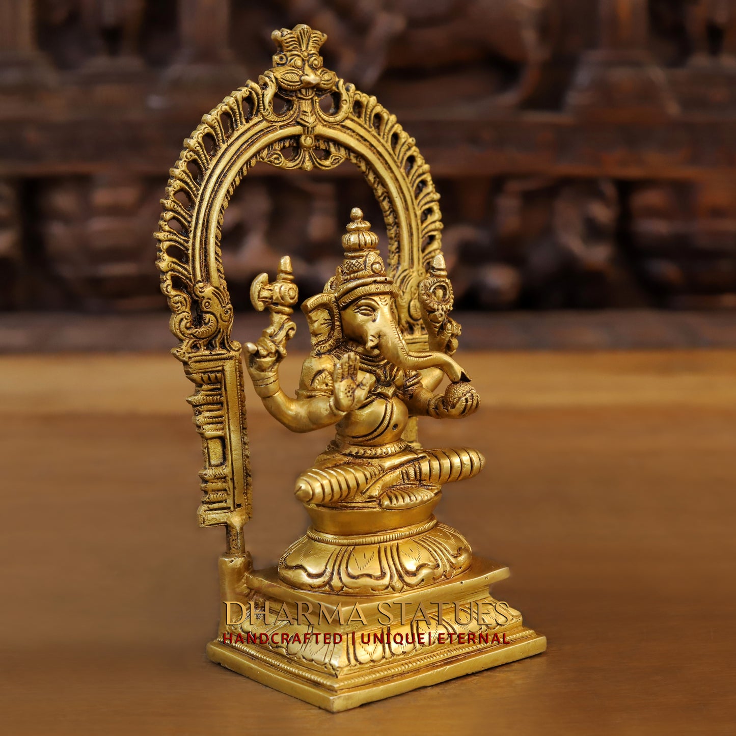 Brass Ganesh Sitting With Frame, Golden Finish, 9.5"