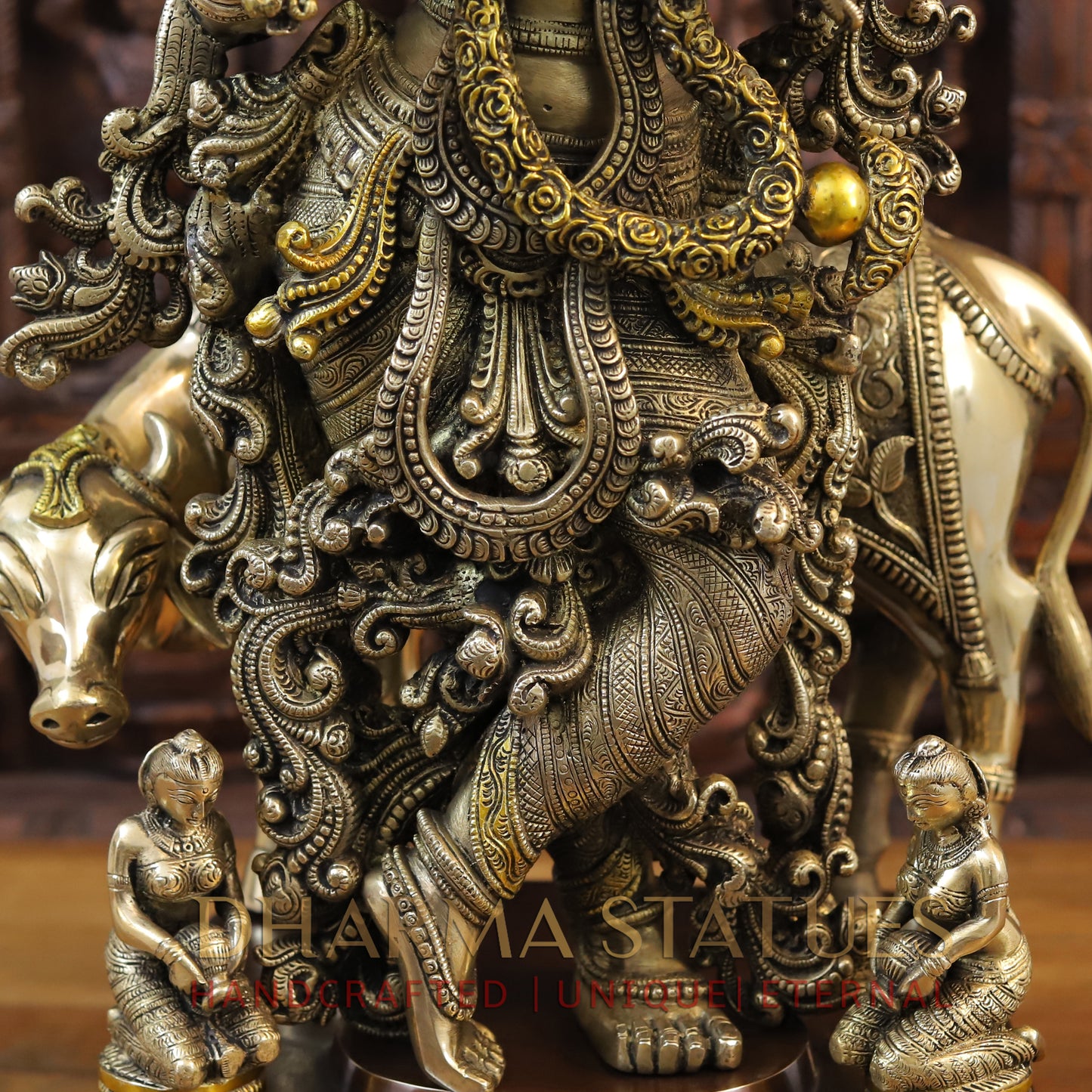 Brass Krishna Playing Flute with Cow, Copper & Golden Finish, 28