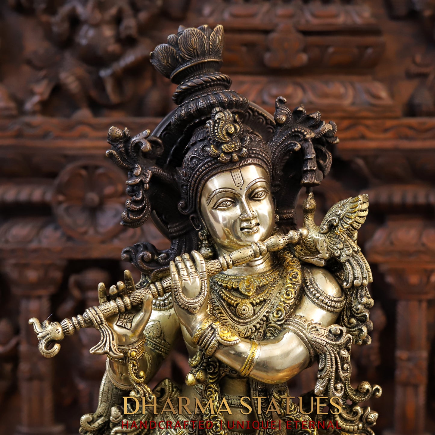 Brass Krishna Playing Flute with Cow, Copper & Golden Finish, 28