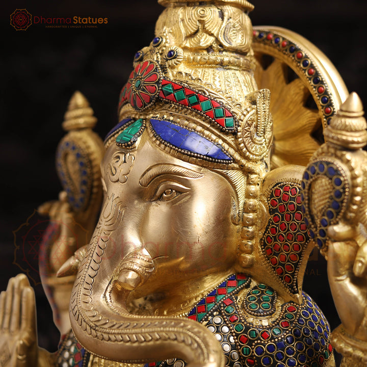 Brass Ganesh Sitting With Surya carved Behind the Crown, Stone Work, 20"