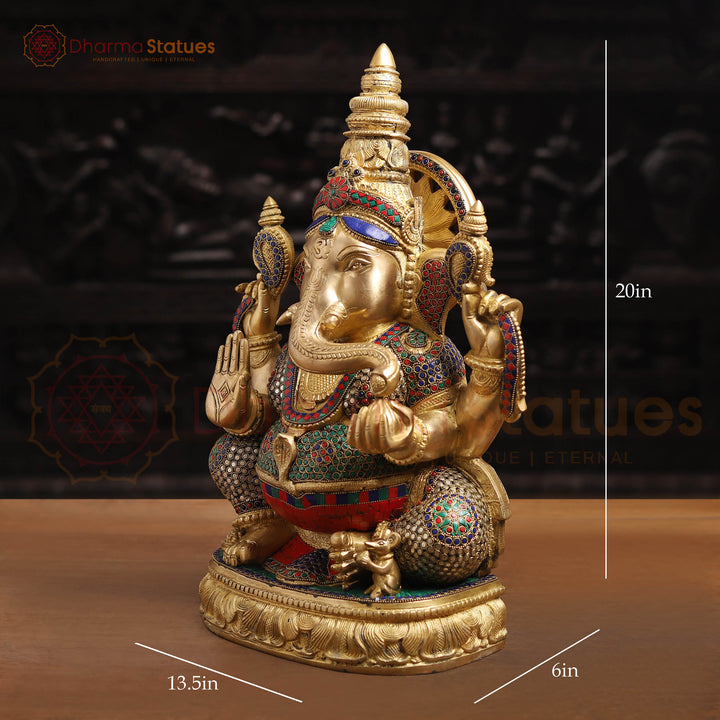 Brass Ganesh Sitting With Surya carved Behind the Crown, Stone Work, 20"