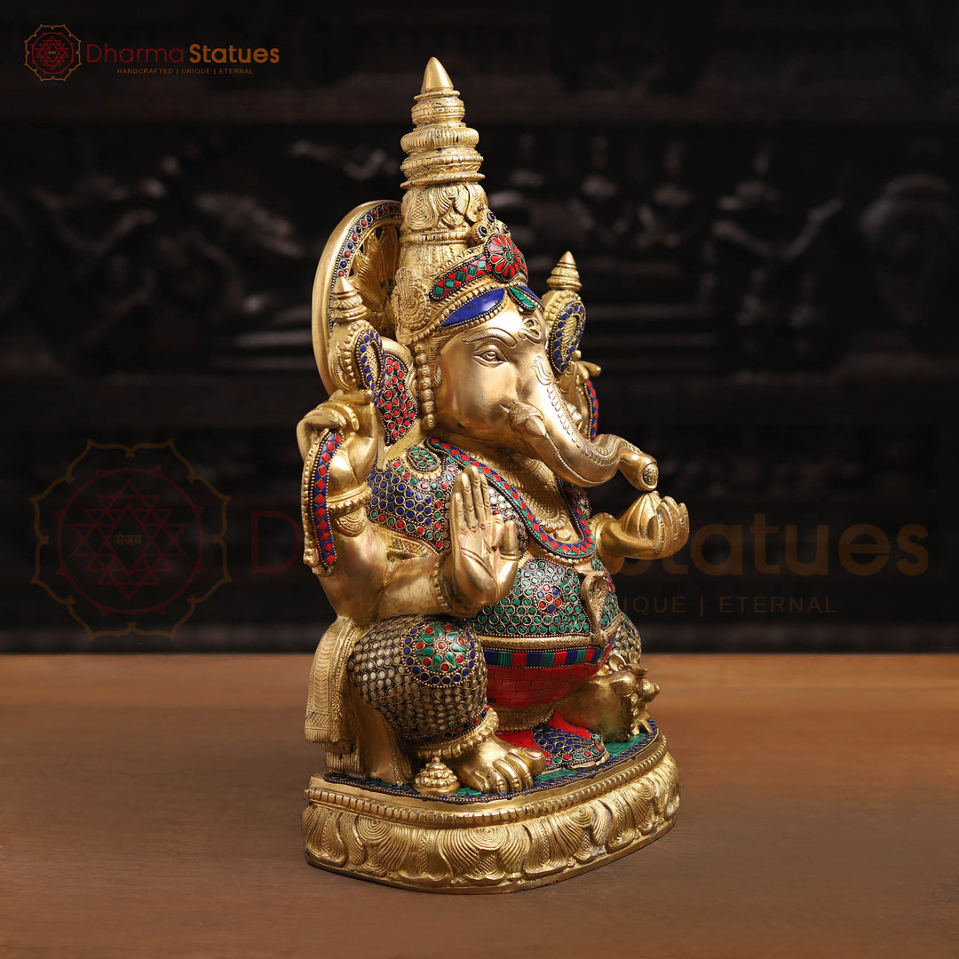 Brass Ganesh Sitting With Surya carved Behind the Crown, Stone Work, 20"