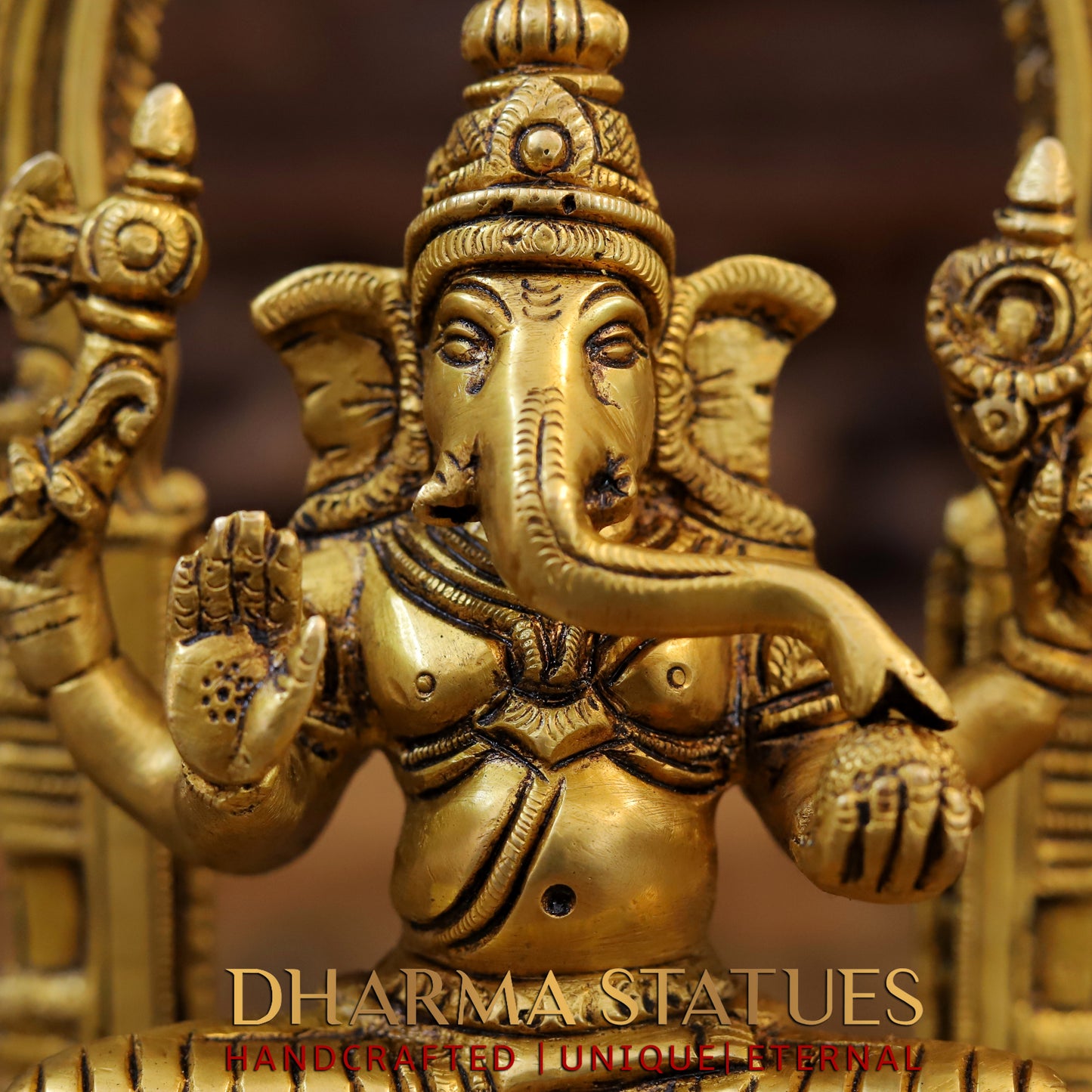 Brass Saraswati Laxmi & Ganesh Seated with Frame, Fine Golden Finish, 9.5"