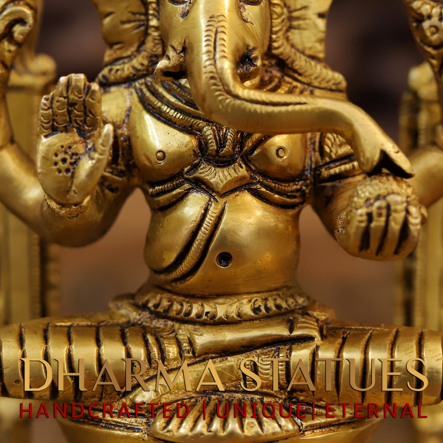 Brass Ganesh Sitting With Frame, Golden Finish, 9.5"