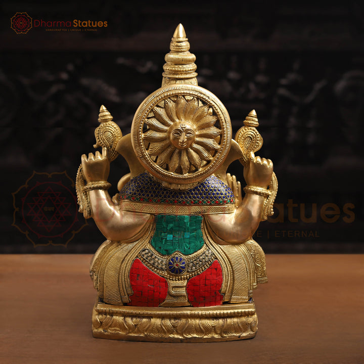 Brass Ganesh Sitting With Surya carved Behind the Crown, Stone Work, 20"