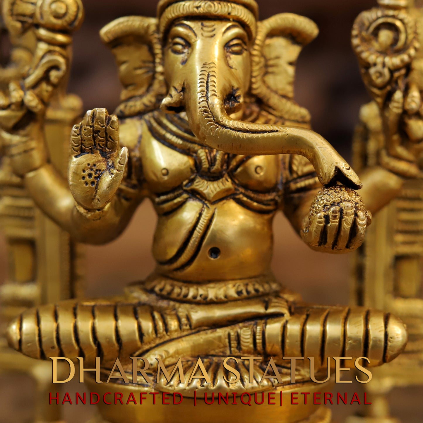Brass Ganesh Sitting With Frame, Golden Finish, 9.5"