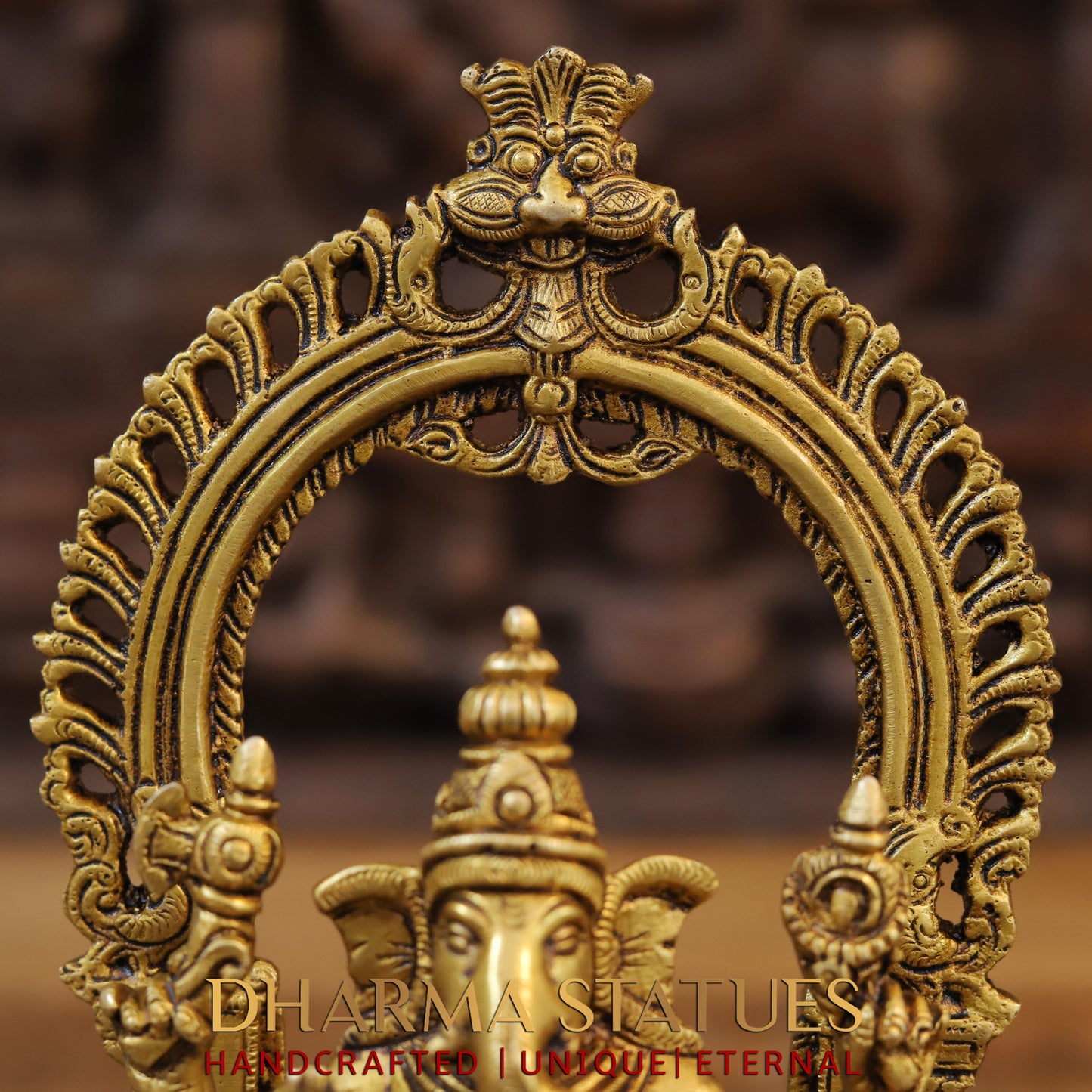 Brass Ganesh Sitting With Frame, Golden Finish, 9.5"
