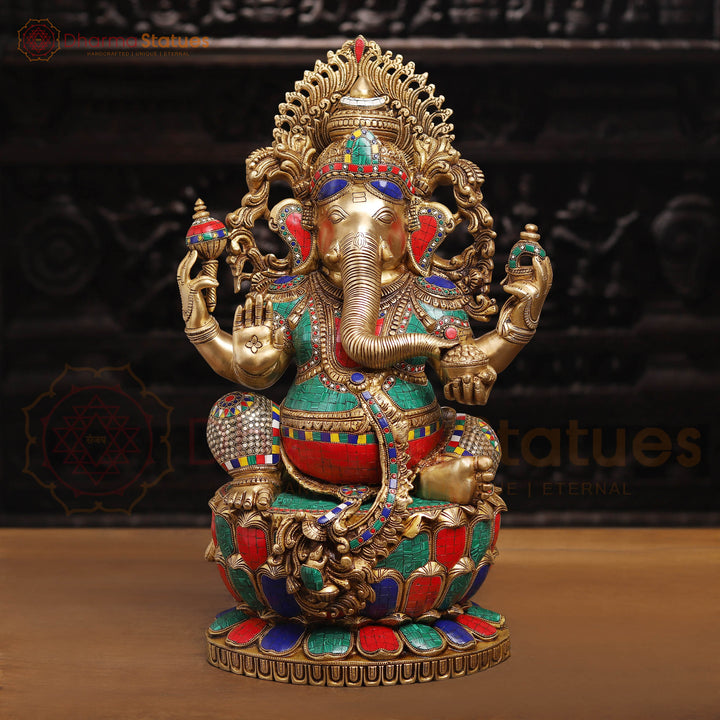 Brass Ganesh Sitting On Lotus Base with Fine Detailing and stone work 26"