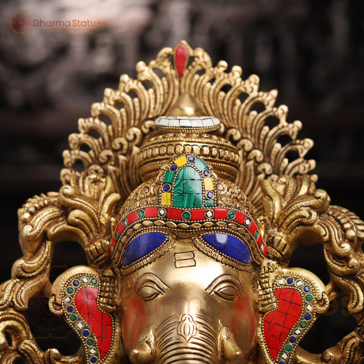 Brass Ganesh Sitting On Lotus Base with Fine Detailing and stone work 26"