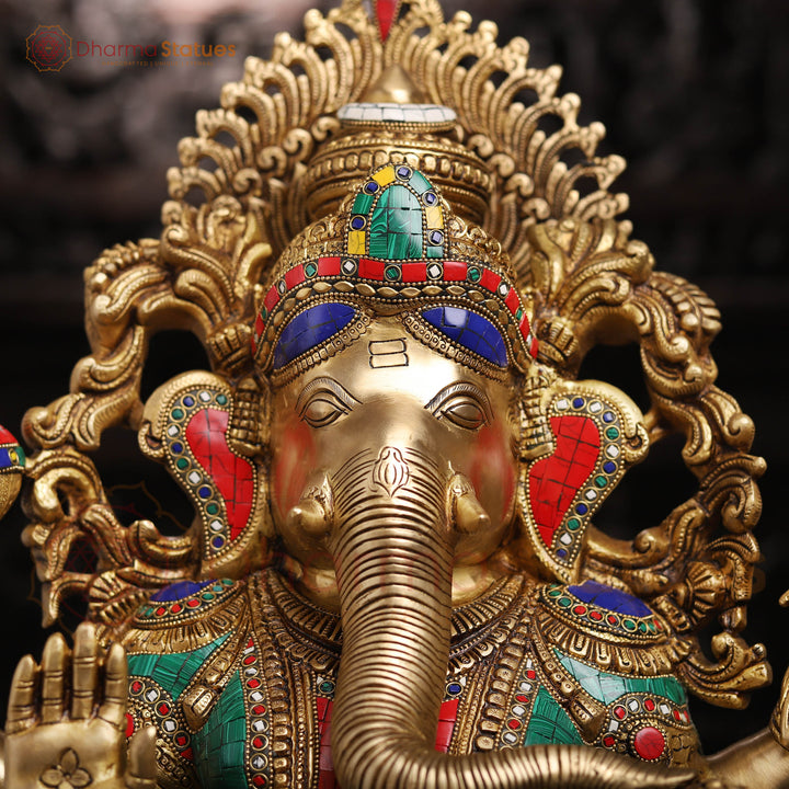 Brass Ganesh Sitting On Lotus Base with Fine Detailing and stone work 26"