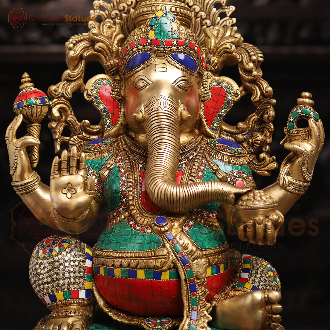 Brass Ganesh Sitting On Lotus Base with Fine Detailing and stone work 26"