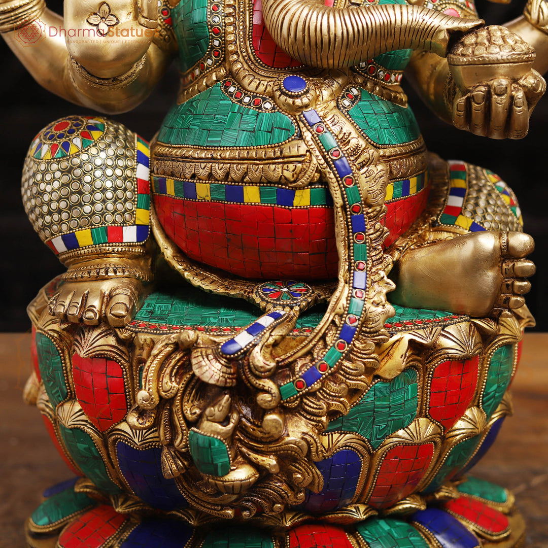 Brass Ganesh Sitting On Lotus Base with Fine Detailing and stone work 26"