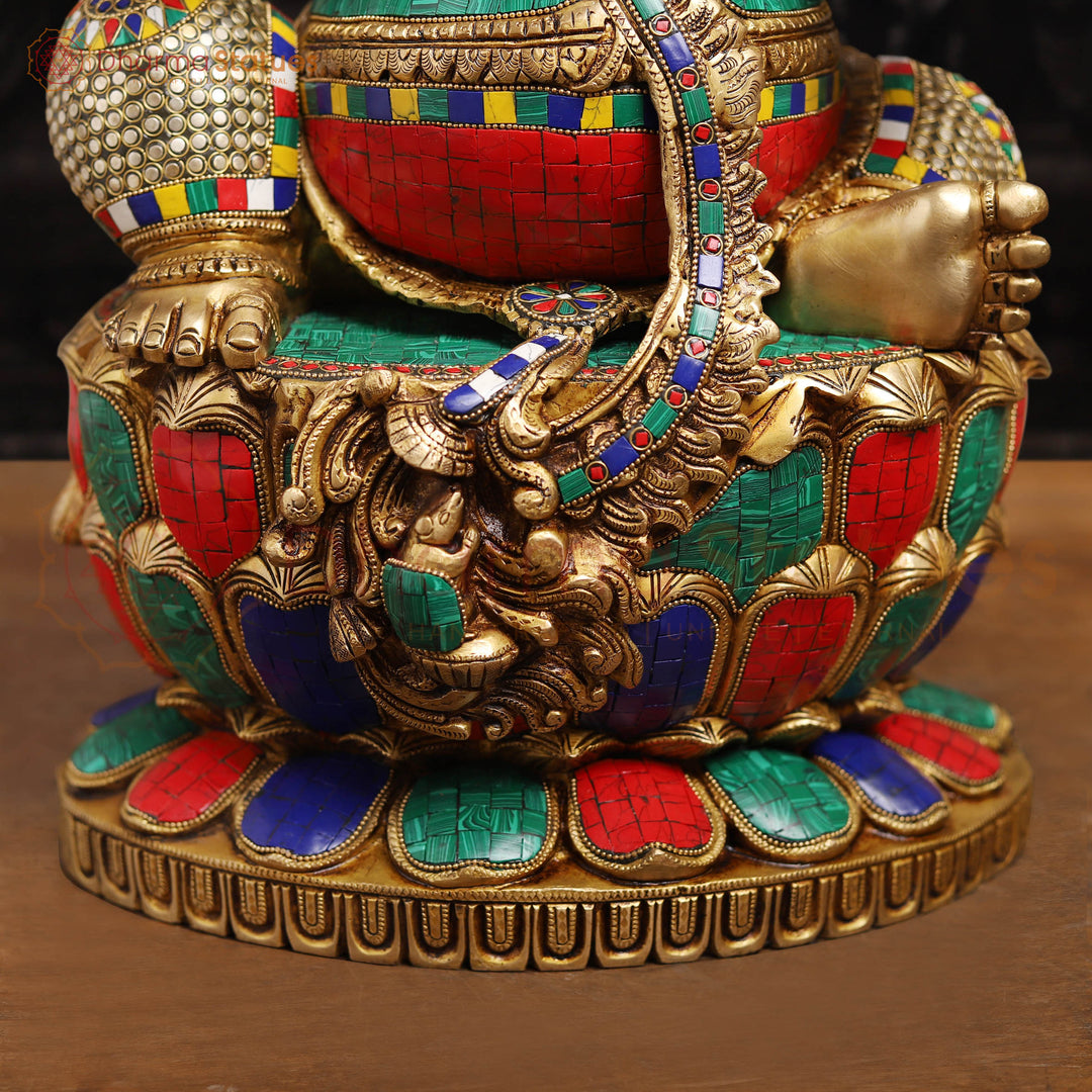 Brass Ganesh Sitting On Lotus Base with Fine Detailing and stone work 26"