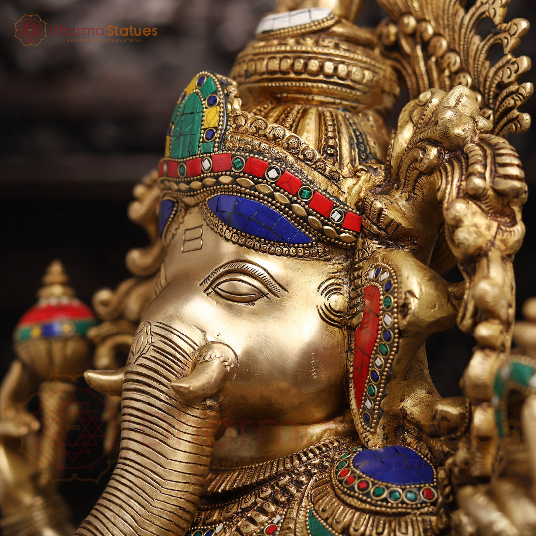 Brass Ganesh Sitting On Lotus Base with Fine Detailing and stone work 26"