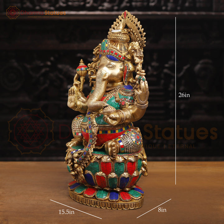 Brass Ganesh Sitting On Lotus Base with Fine Detailing and stone work 26"