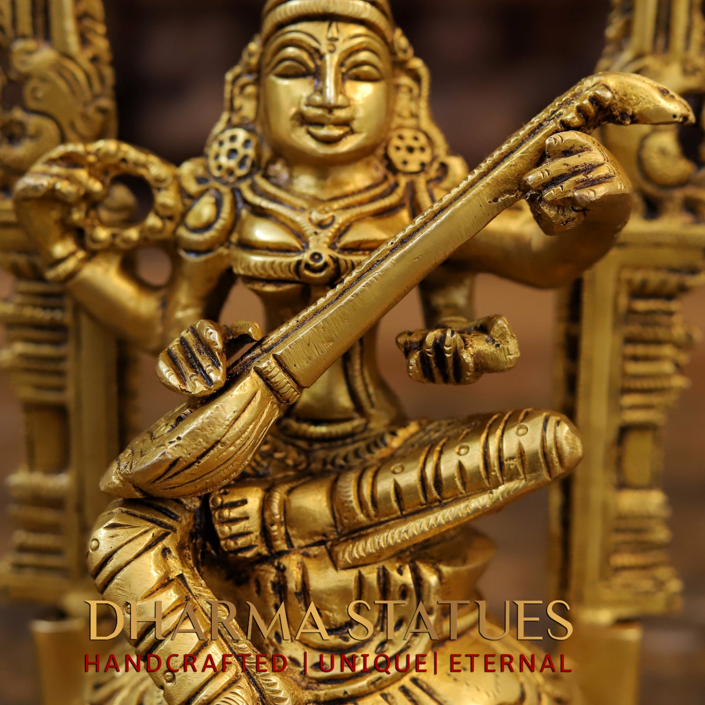 Brass Saraswati Laxmi & Ganesh Seated with Frame, Fine Golden Finish, 9.5"