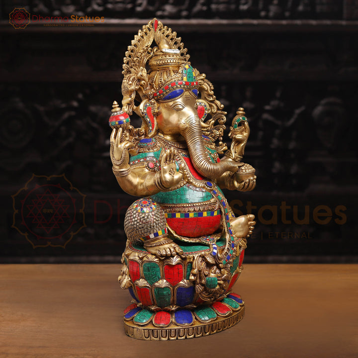 Brass Ganesh Sitting On Lotus Base with Fine Detailing and stone work 26"