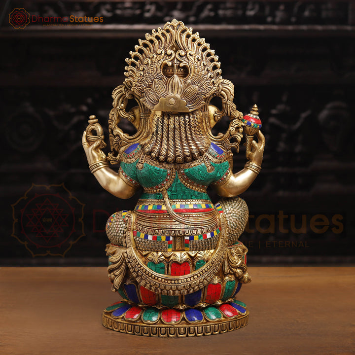 Brass Ganesh Sitting On Lotus Base with Fine Detailing and stone work 26"