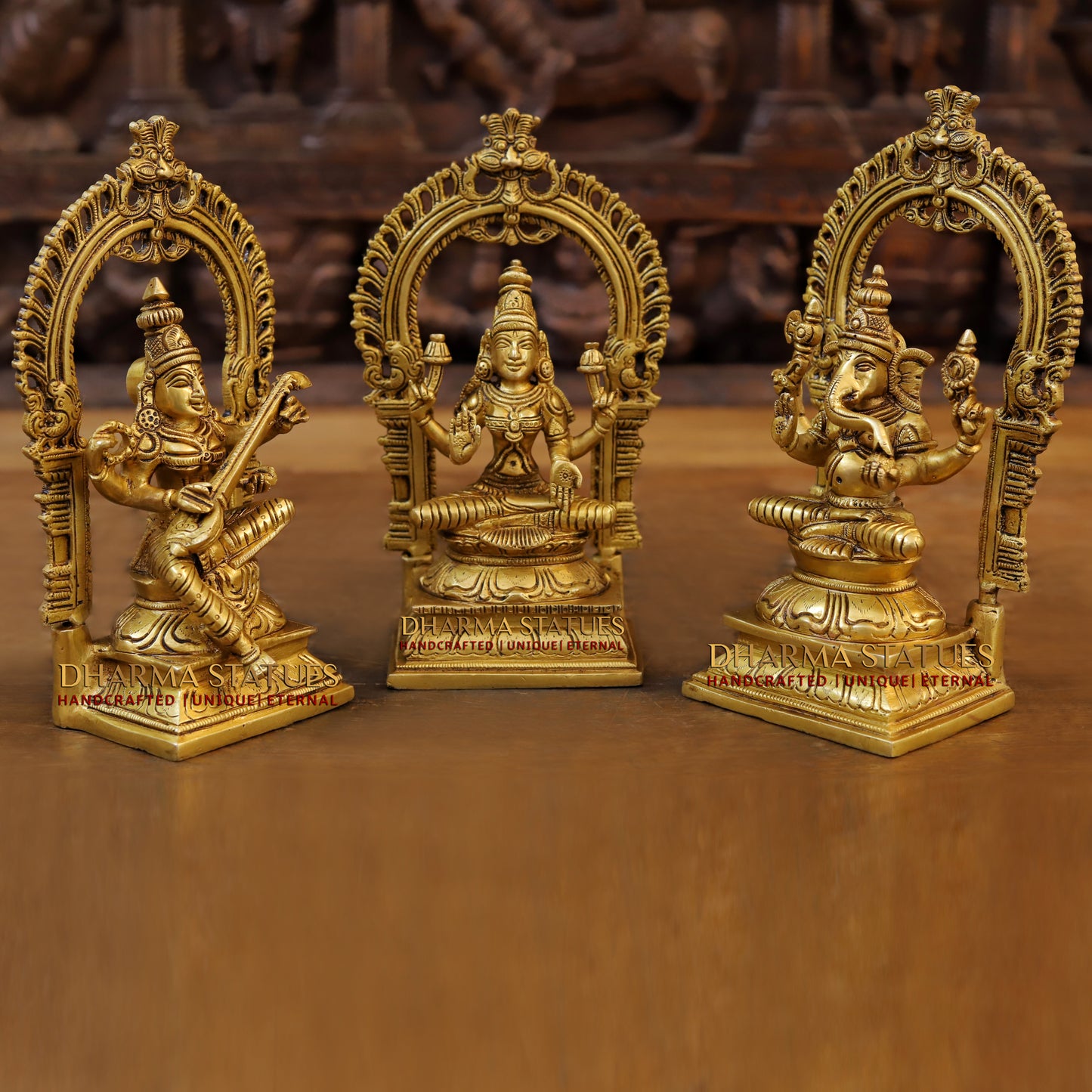 Brass Saraswati Laxmi & Ganesh Seated with Frame, Fine Golden Finish, 9.5"